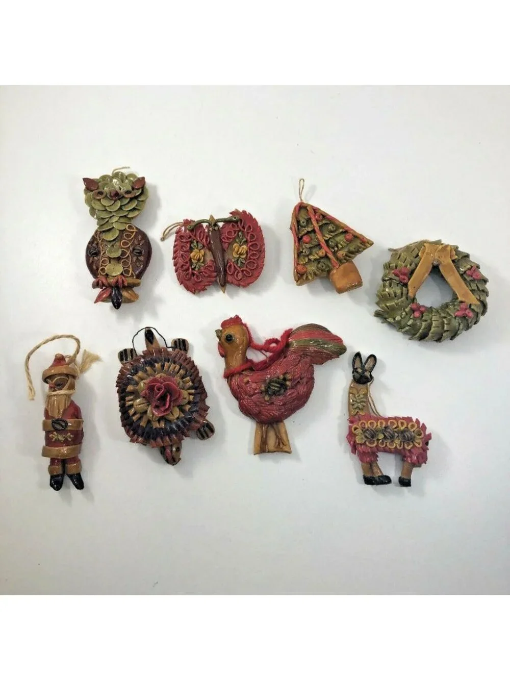 Handmade Vtg Folk Art Bread Dough Christmas Ornaments - set of 8 - see notes